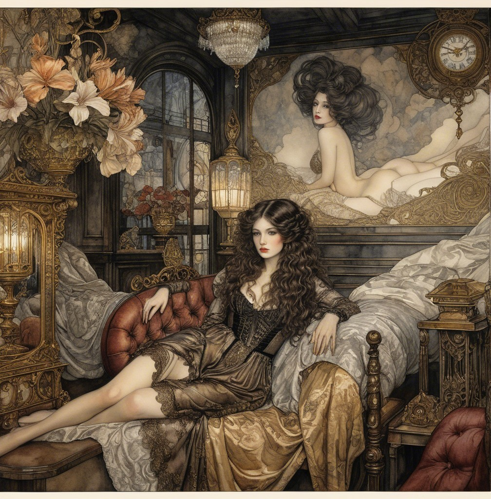 Elegant Vintage Room with Woman on Lavish Sofa
