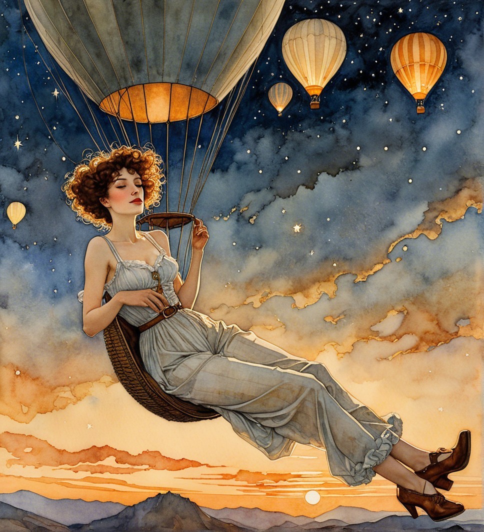 Serene Woman in Wicker Balloon at Sunset Sky
