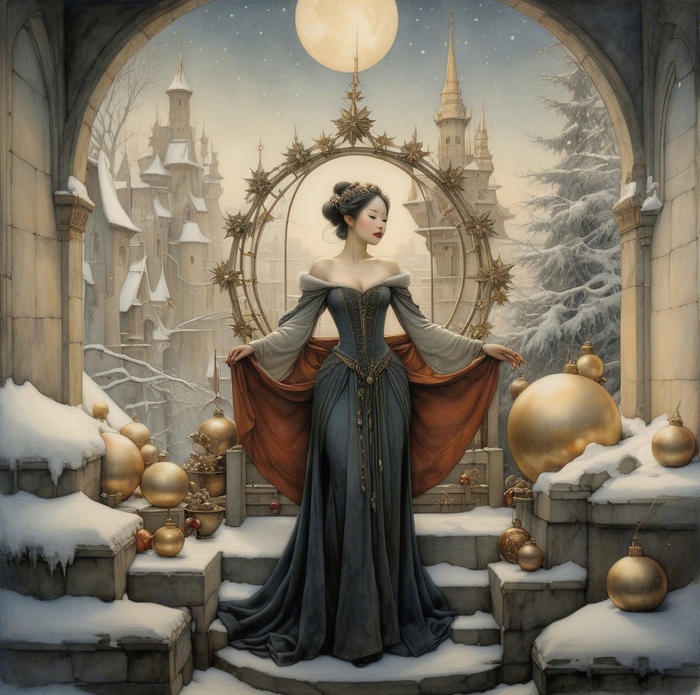 Winter Scene with Woman in Elegant Gown and Castle