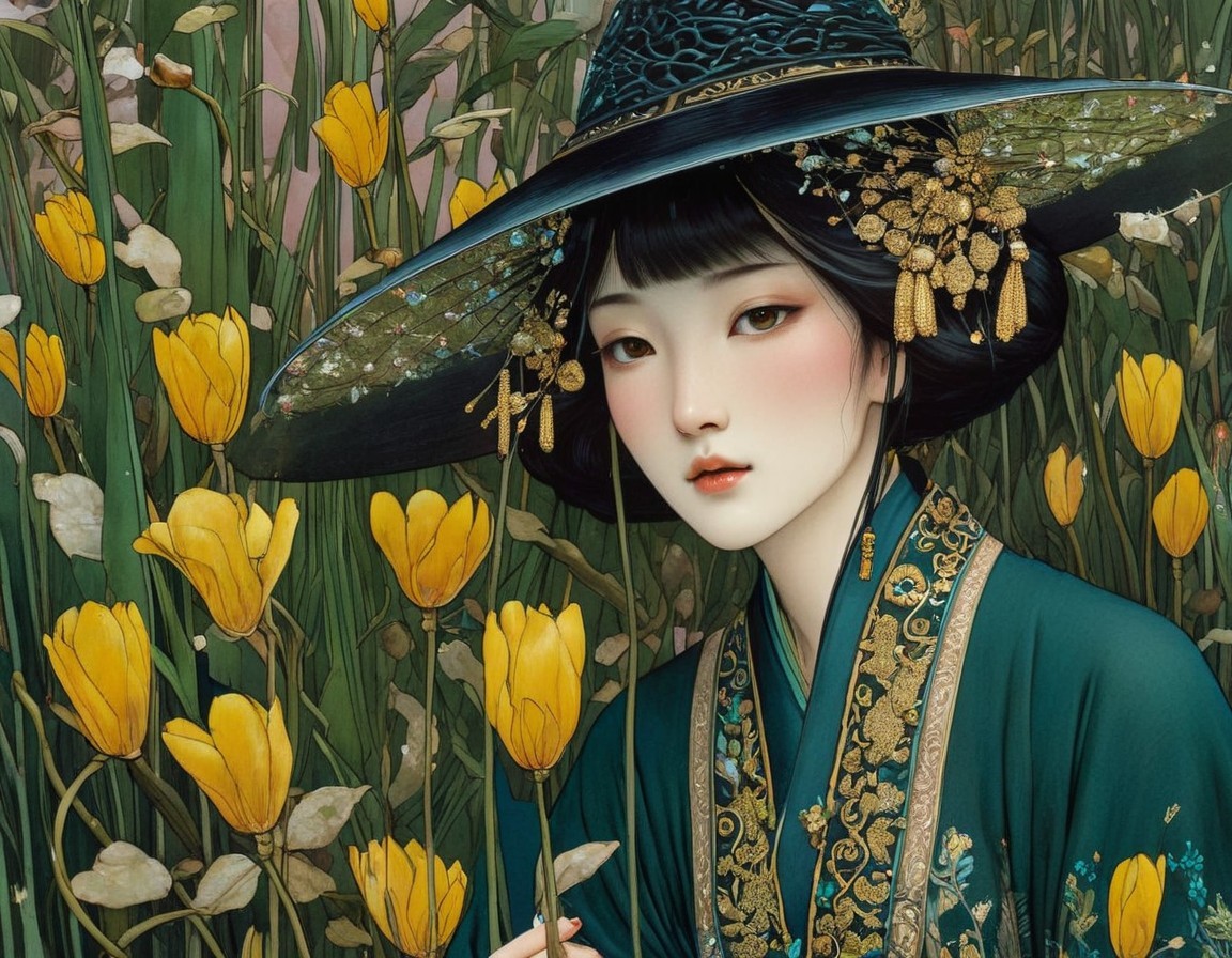 Stylized Painting of Woman in Asian Attire and Tulips