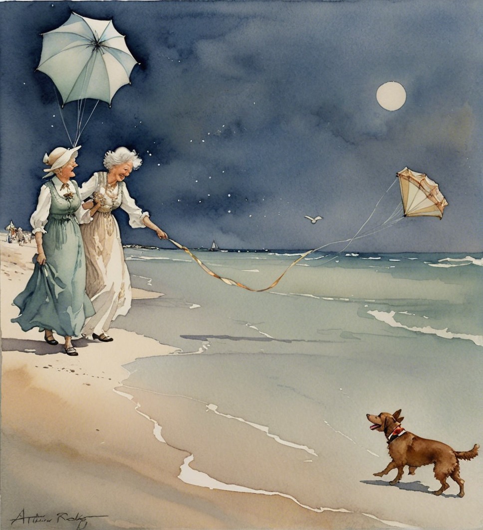 Elderly women in vintage gowns enjoy a moonlit beach
