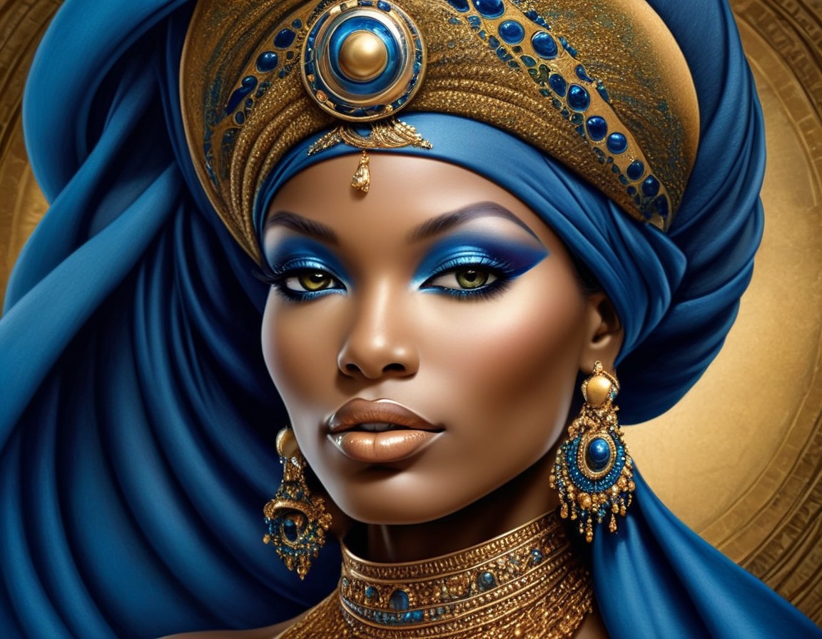 Digital artwork of woman with blue eyeshadow, turban, and jewelry on golden background