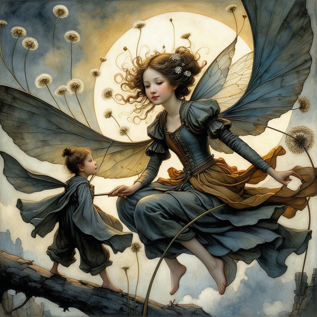 Ethereal Figures with Butterfly Wings in Dreamlike Landscape