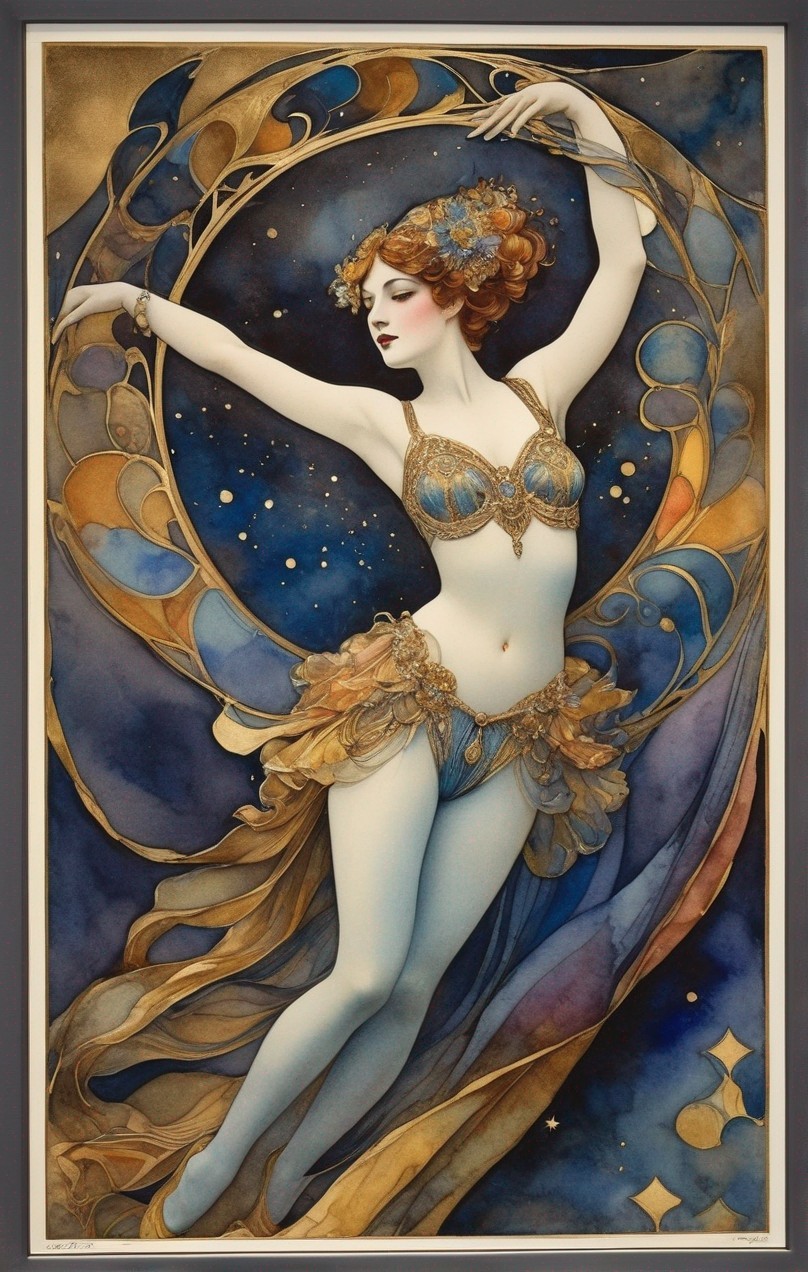 Ethereal woman dancing in crescent moon and starry Art Nouveau illustration