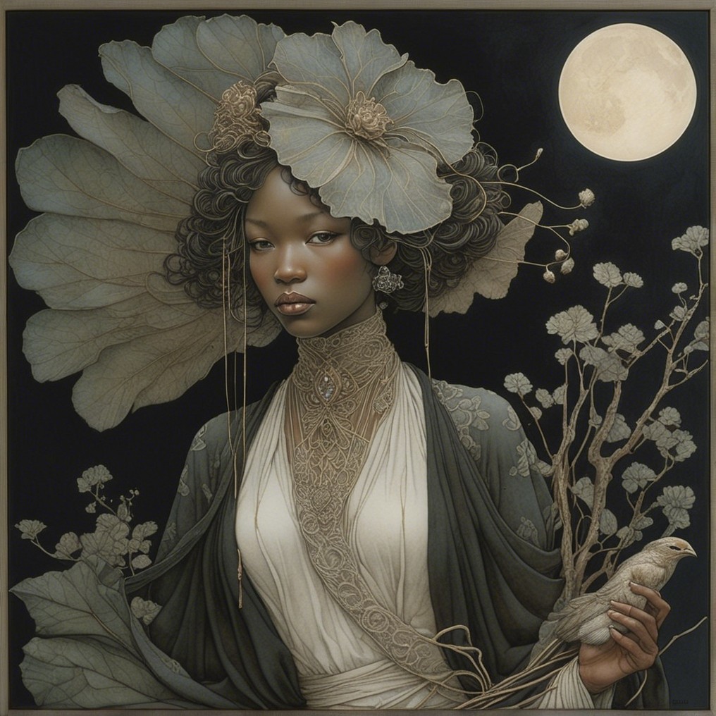 Serene Figure with Nature Elements and Moonlight
