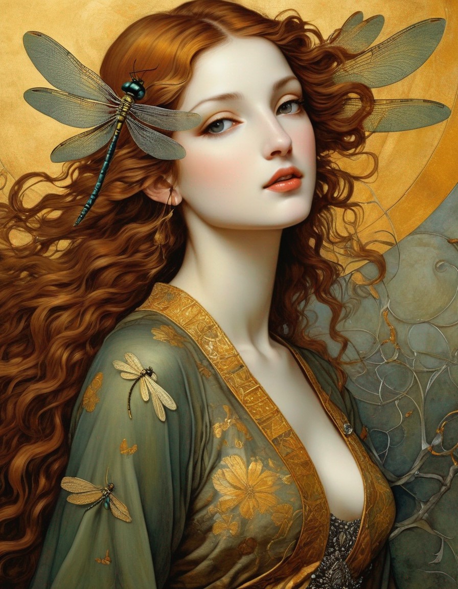 Painting of a woman with curly hair and dragonflies