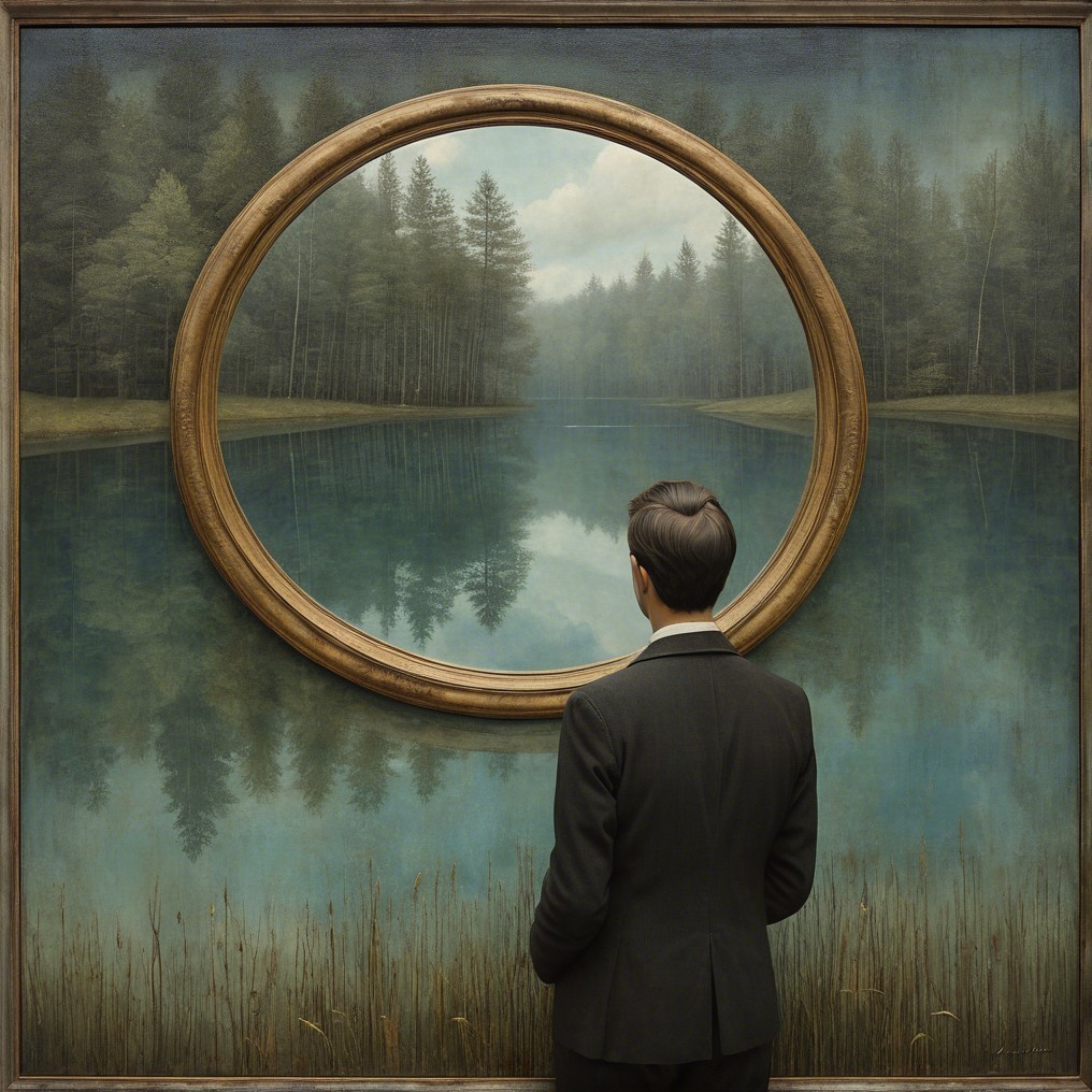 Man in Suit Before Ornate Frame with Serene Landscape