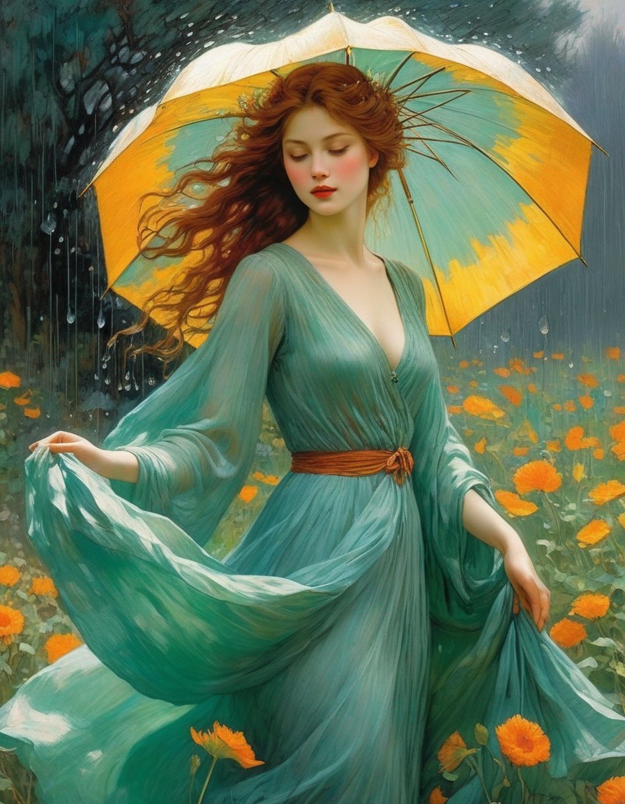 Woman in Green Dress with Yellow Umbrella in Rainy Setting
