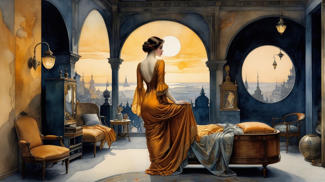 Elegant Woman in Orange Gown in Sunrise Room