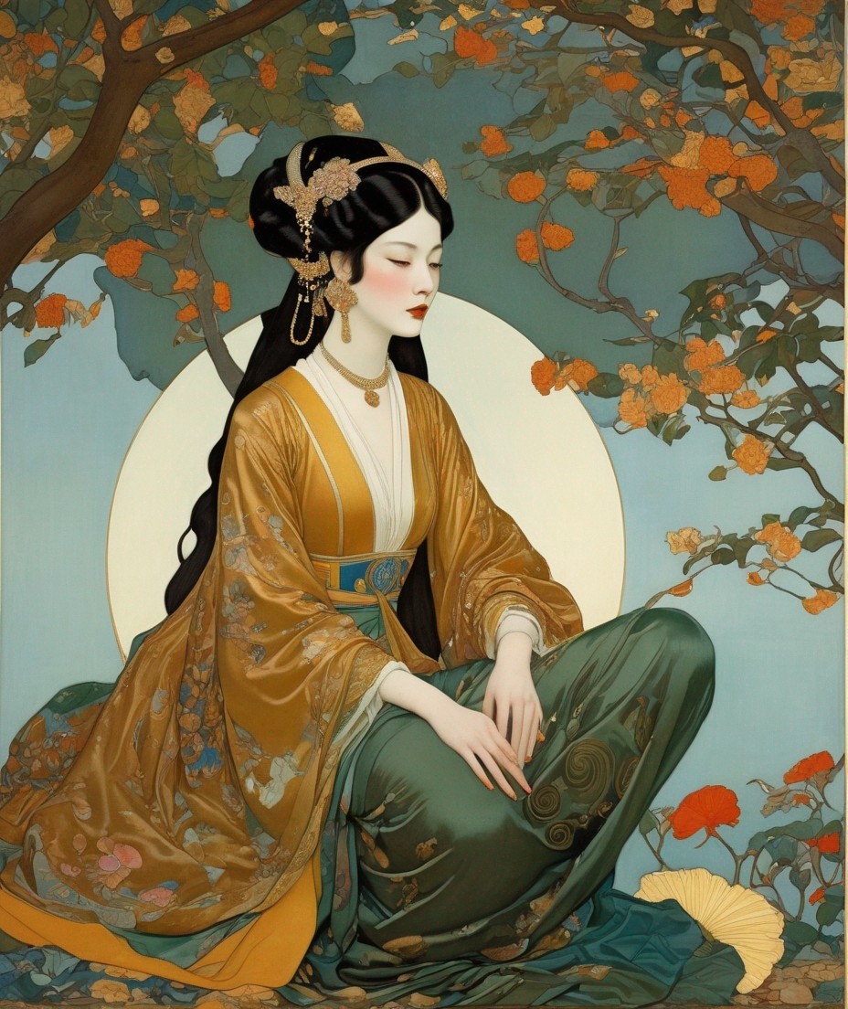 Serene Female Figure Surrounded by Floral Motifs
