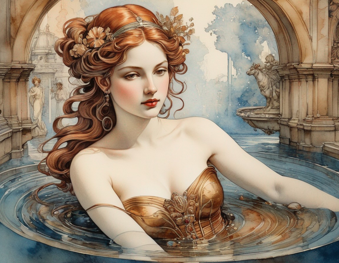 Illustrated woman with red hair in golden corset emerges from water in statue-decorated setting
