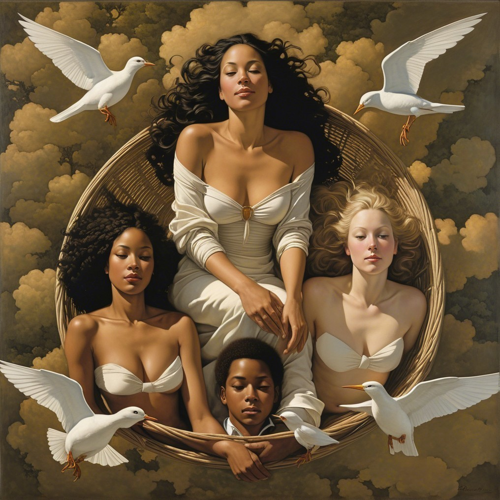 Three Women and Boy in Circular Basket with Clouds