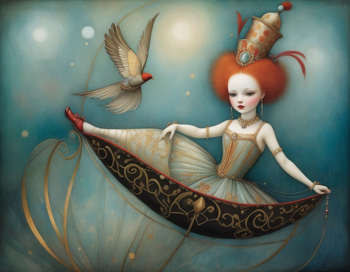 Fantasy character with pale skin and red hair in ornate golden attire floating with a bird.