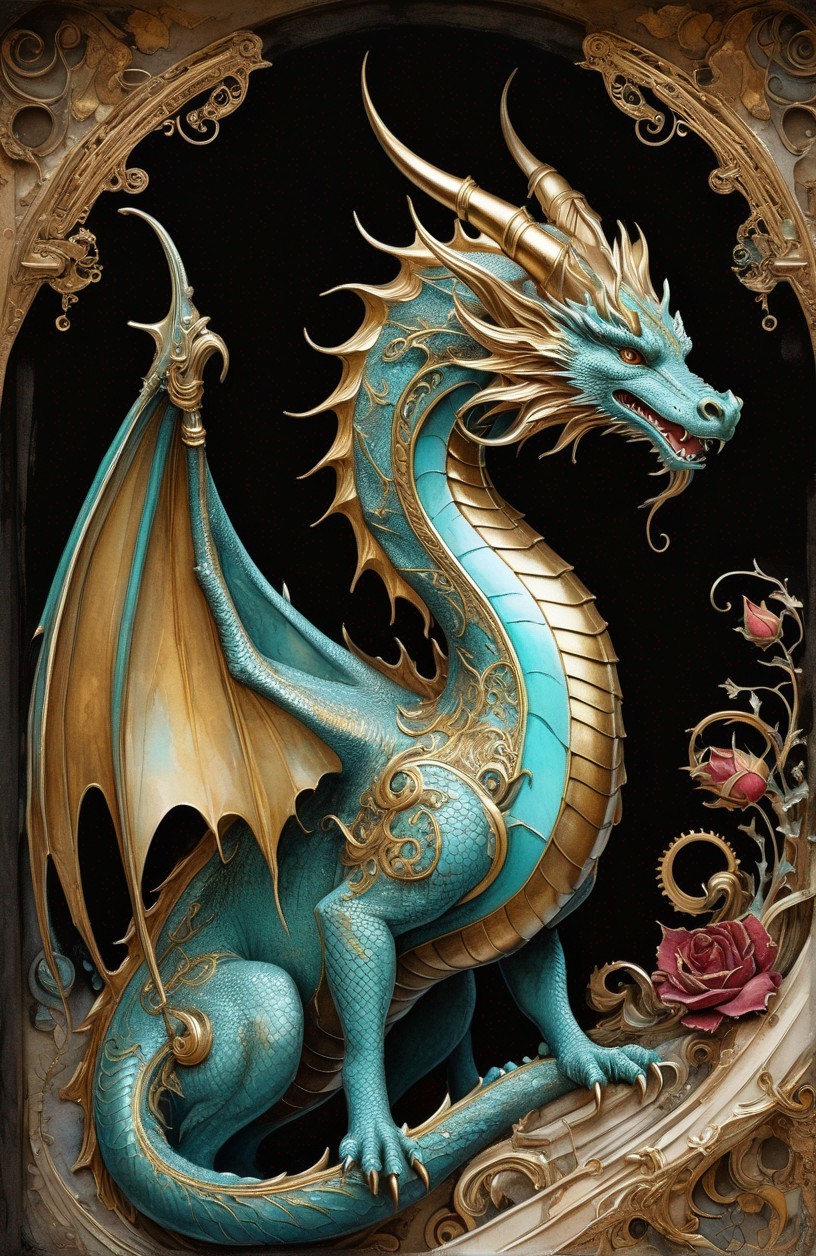Turquoise Dragon Artwork in Baroque Oval Frame