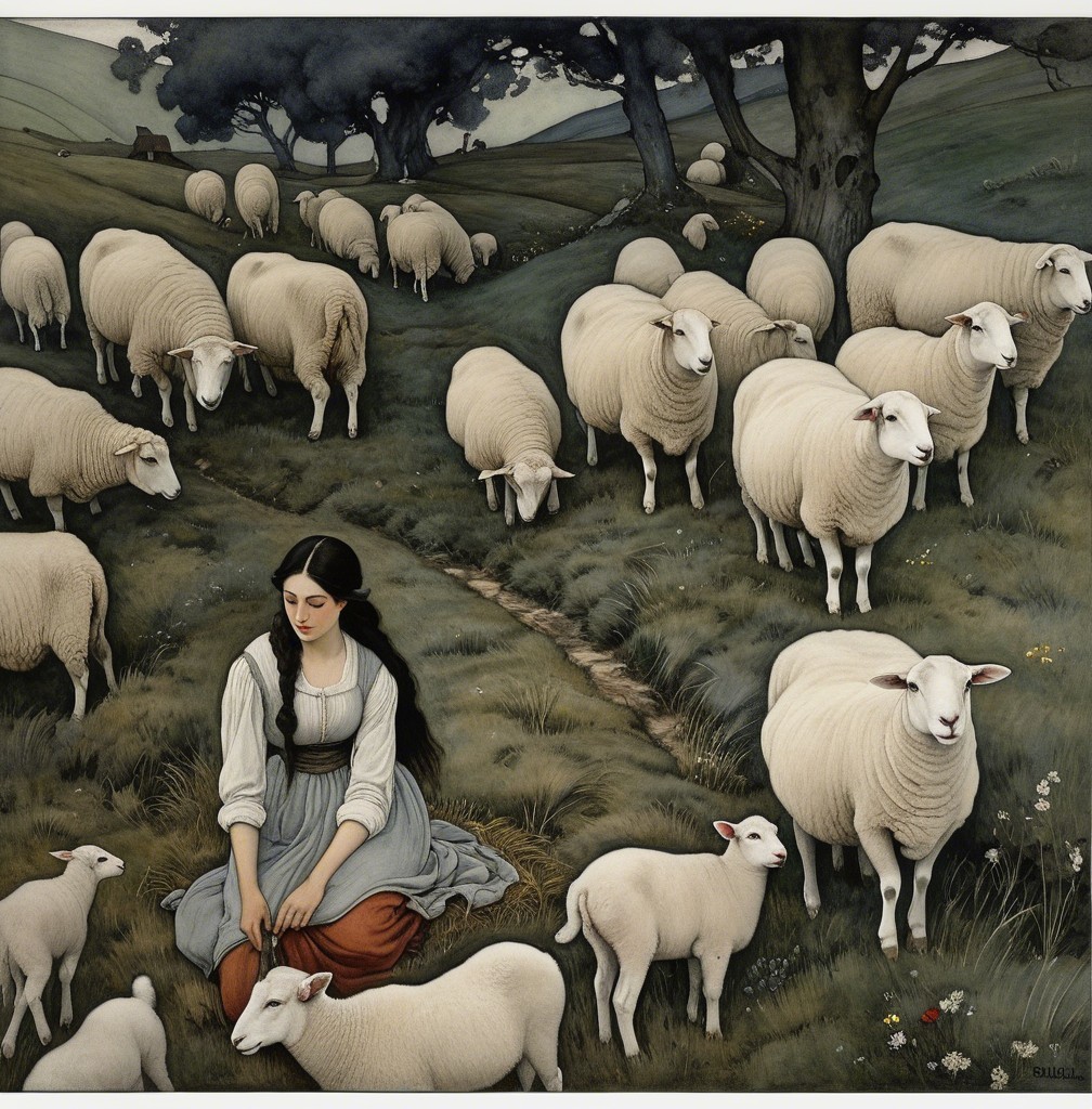 Pastoral Scene of a Woman Tending Sheep on Hill