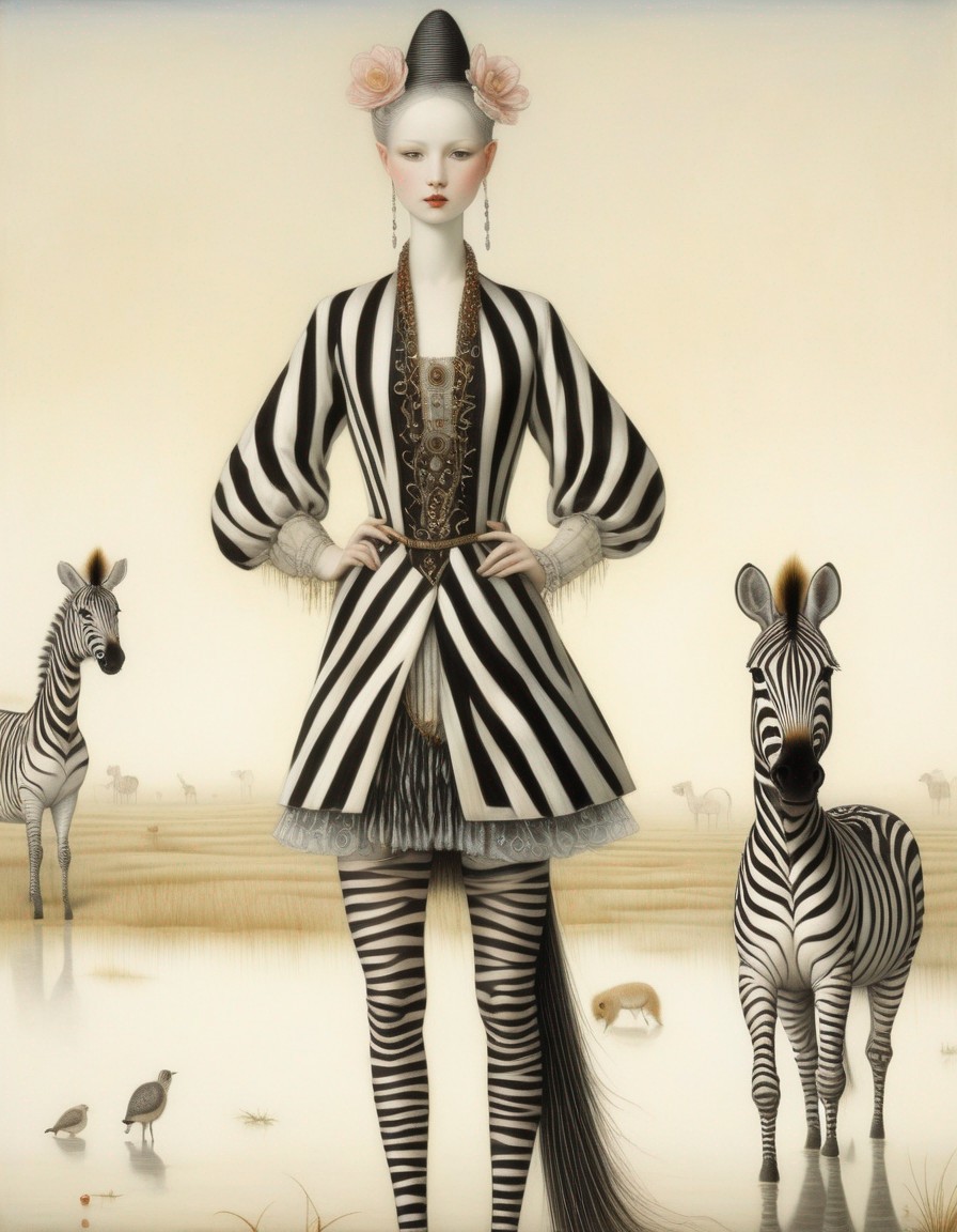 Surreal artwork: Woman in zebra attire with zebras in serene landscape