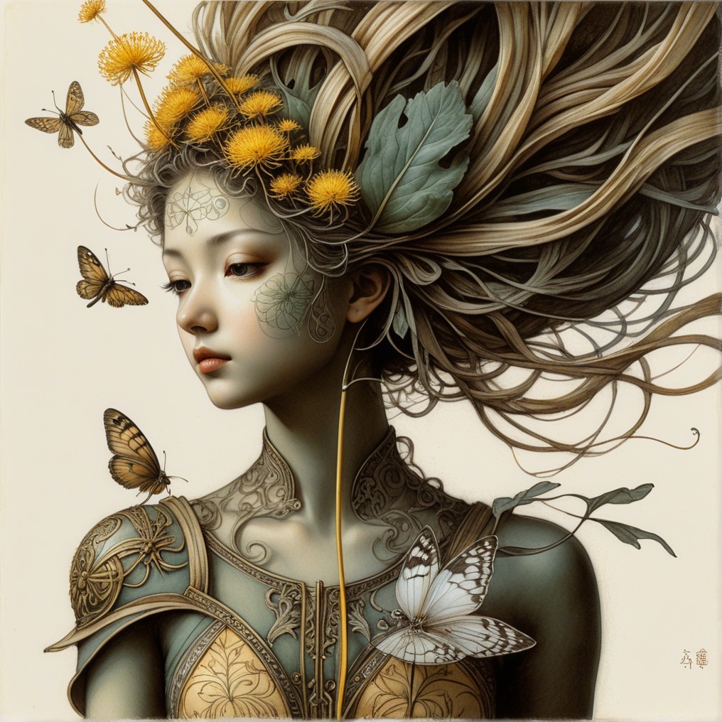 Serene Young Woman with Tattoos and Nature Elements