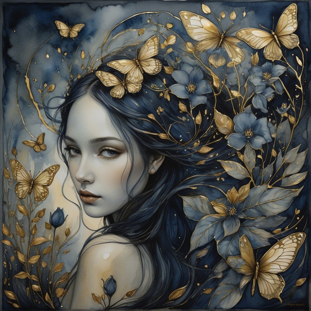 Serene portrait of a woman with blue hair and butterflies