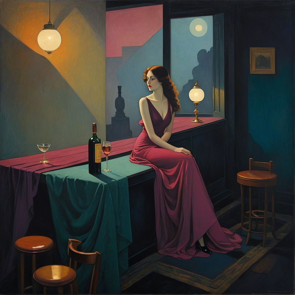 Woman in magenta dress at a dimly lit bar