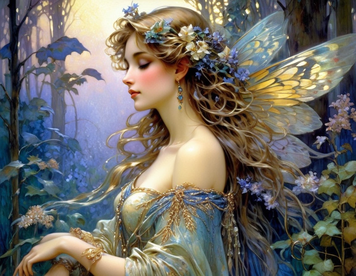 Ethereal Fairy with Golden Gown in Mystical Forest