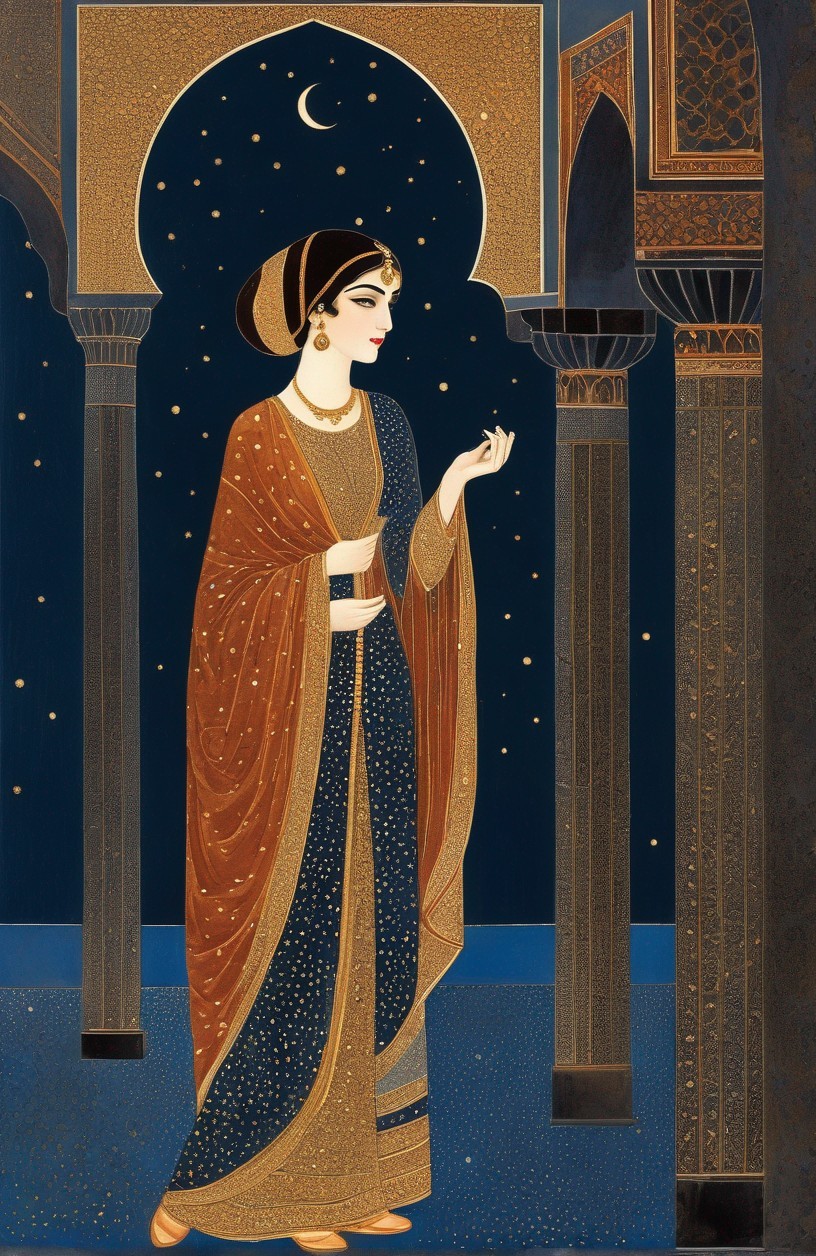 Graceful Woman in Ornate Gown Under Starry Night Sky