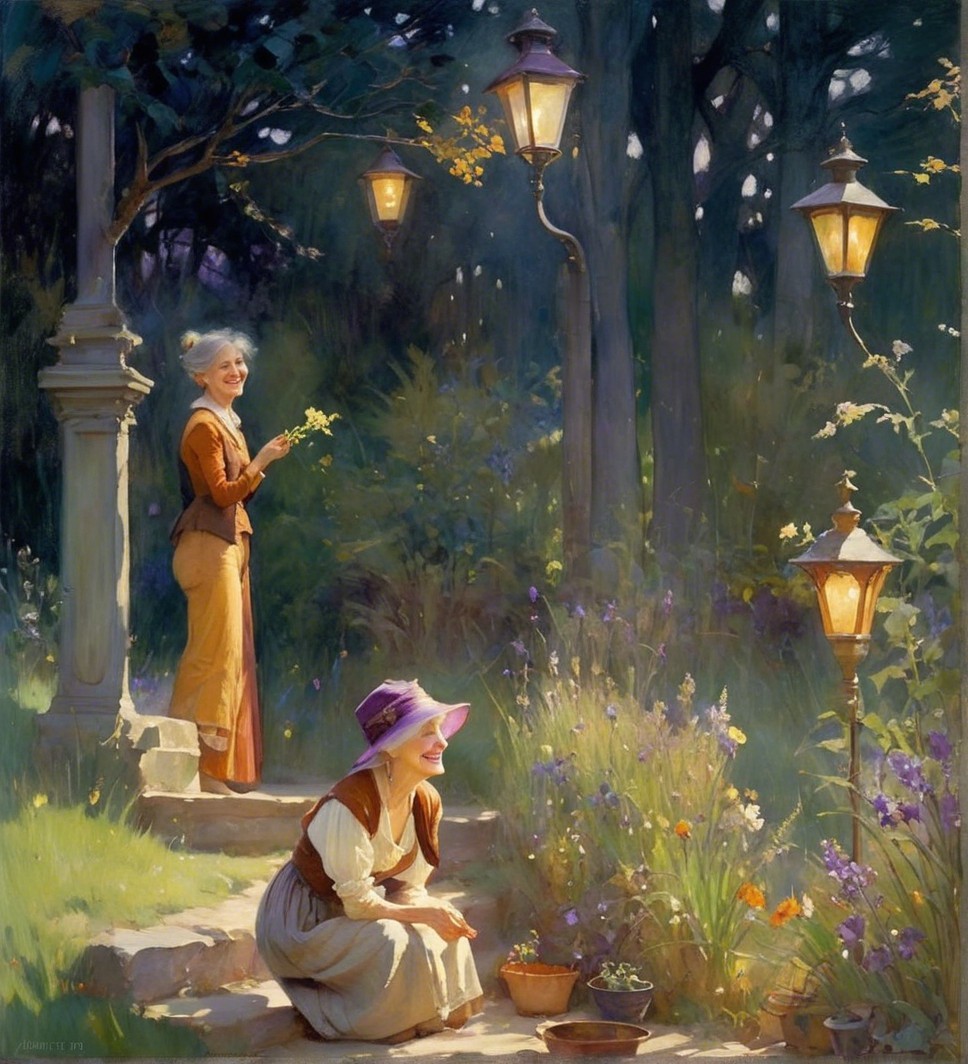 Women in a Sunlit Garden Surrounded by Flowers
