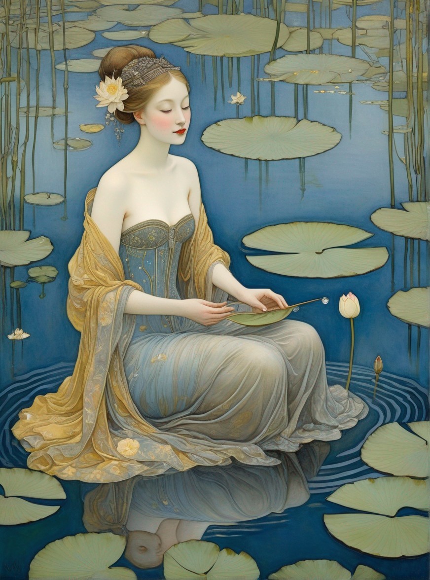 Tranquil woman in flowing gown surrounded by water lilies and holding a paintbrush