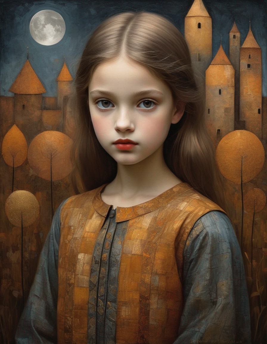 Young girl with blue eyes in medieval dress against castle towers.