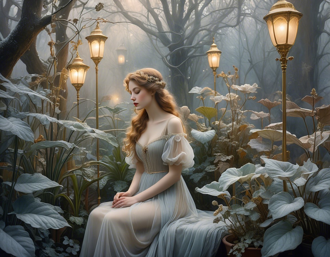 Mystical forest scene with serene woman in gown
