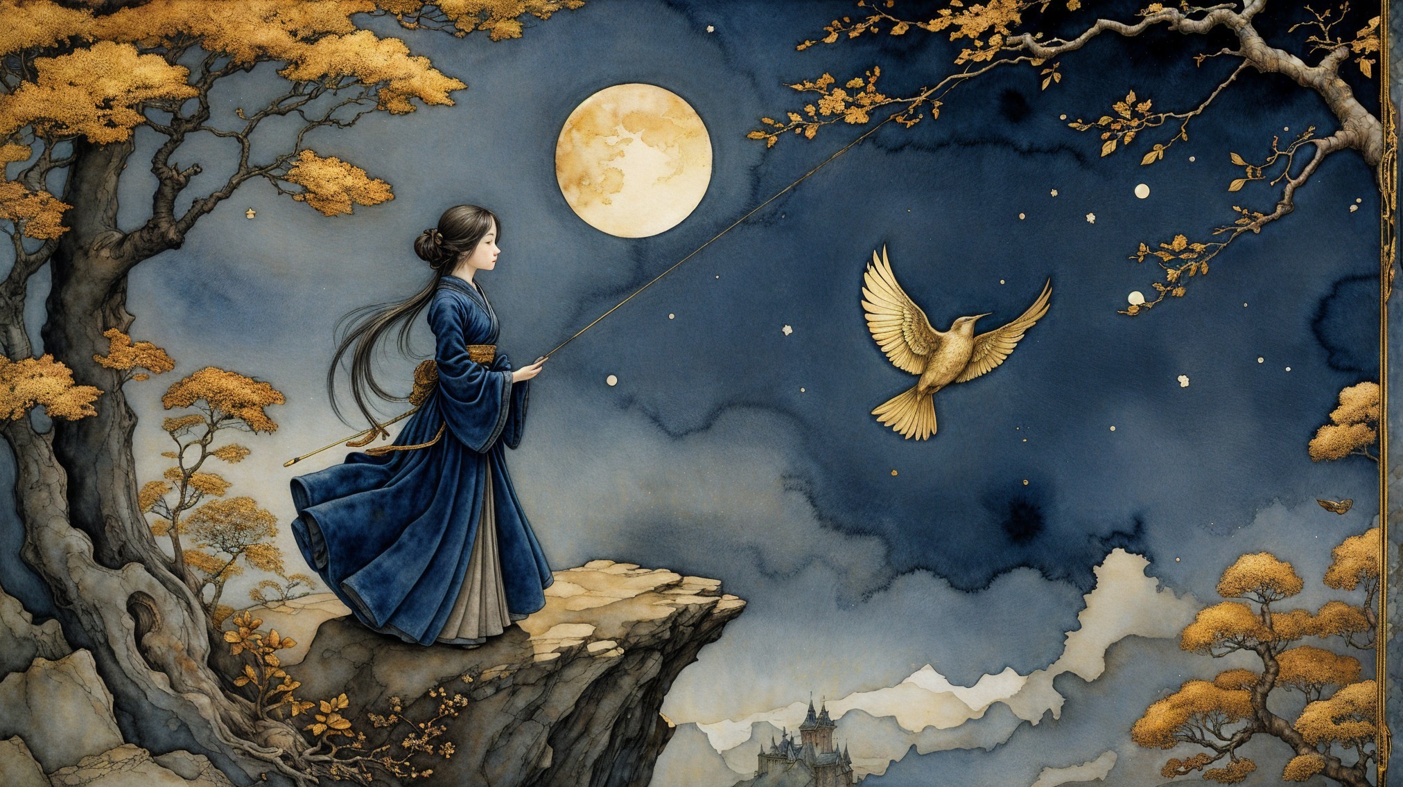 Moonlit Landscape with Woman Fishing for Stars
