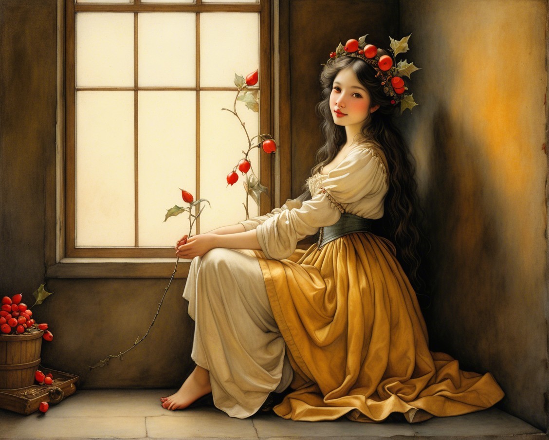 Serene Young Woman by Window with Floral Crown