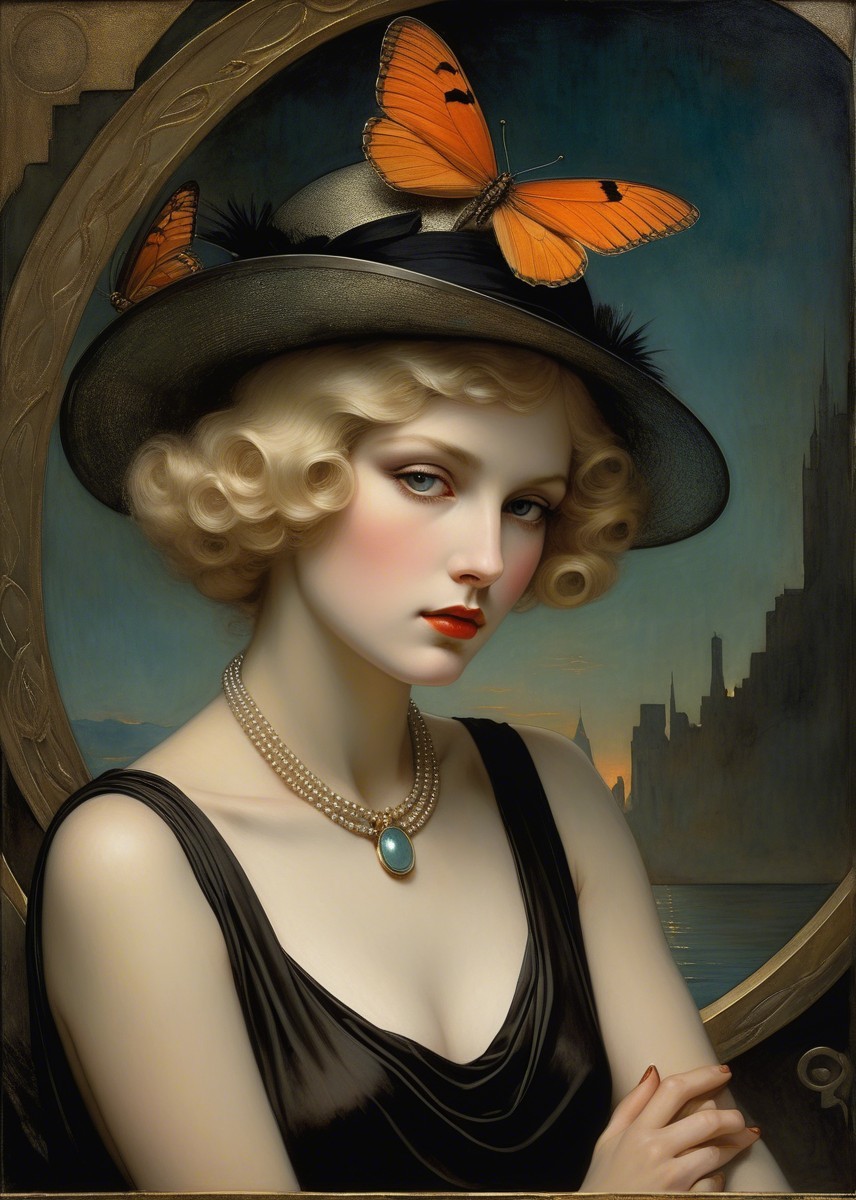 Glamorous Woman in Black Dress with Butterfly Hat