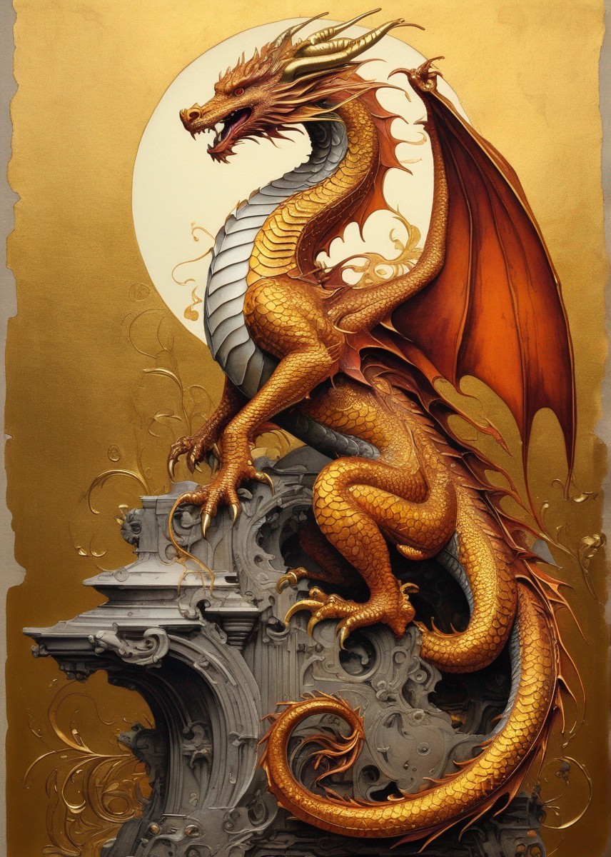 Golden dragon perched on gothic architecture under full moon