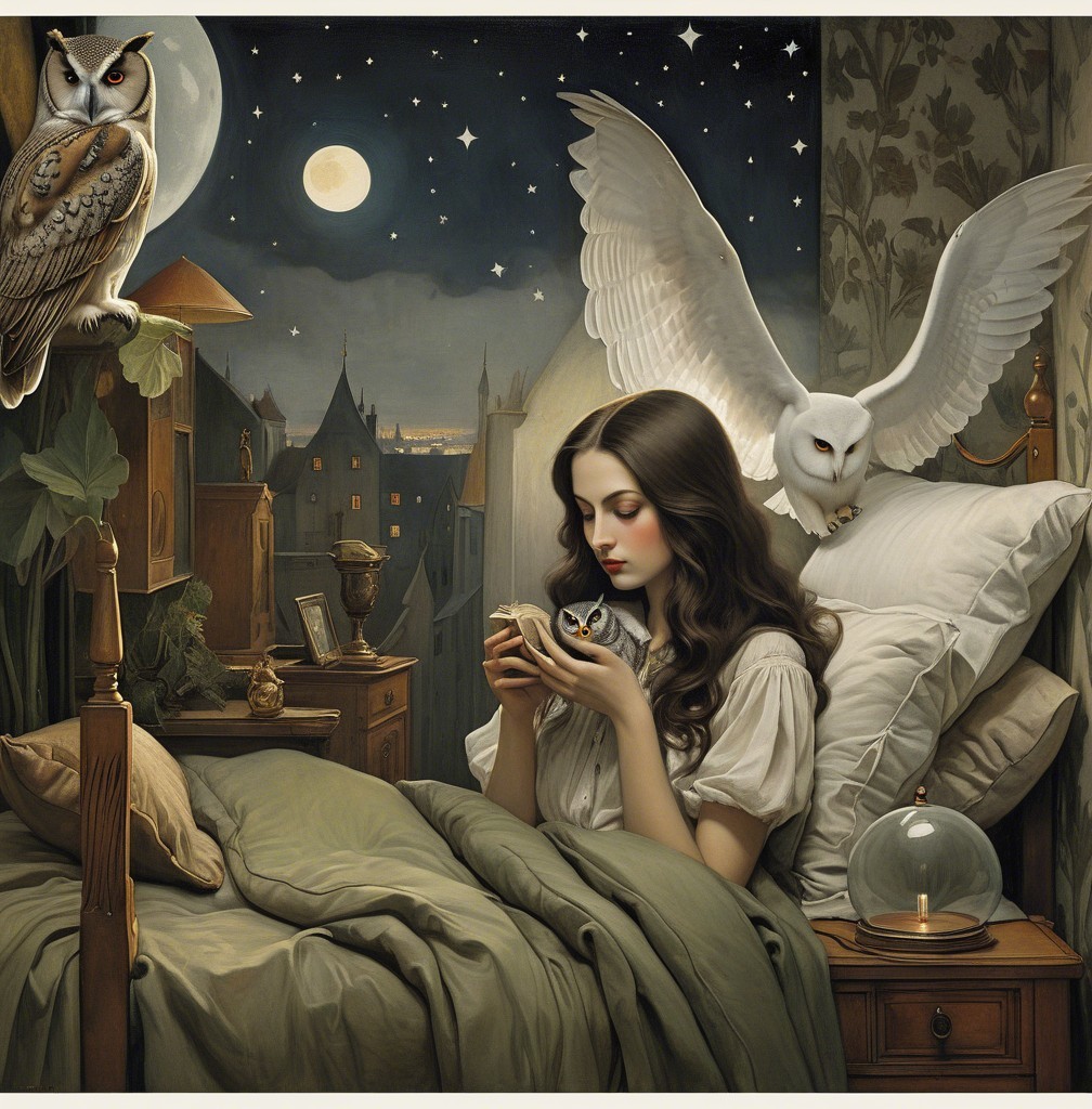 Serene Bedroom Scene with Woman and Owls