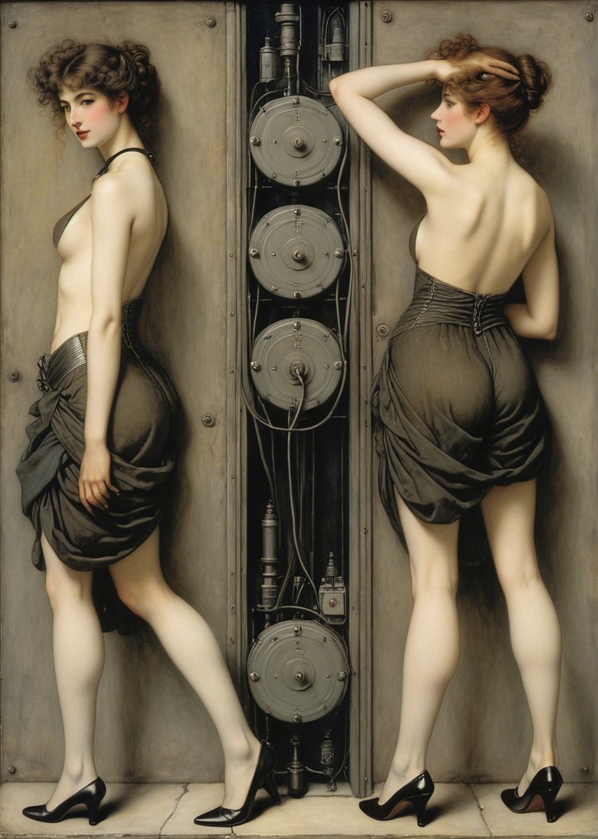 Elegant Women in Fitted Dresses with Machinery Background