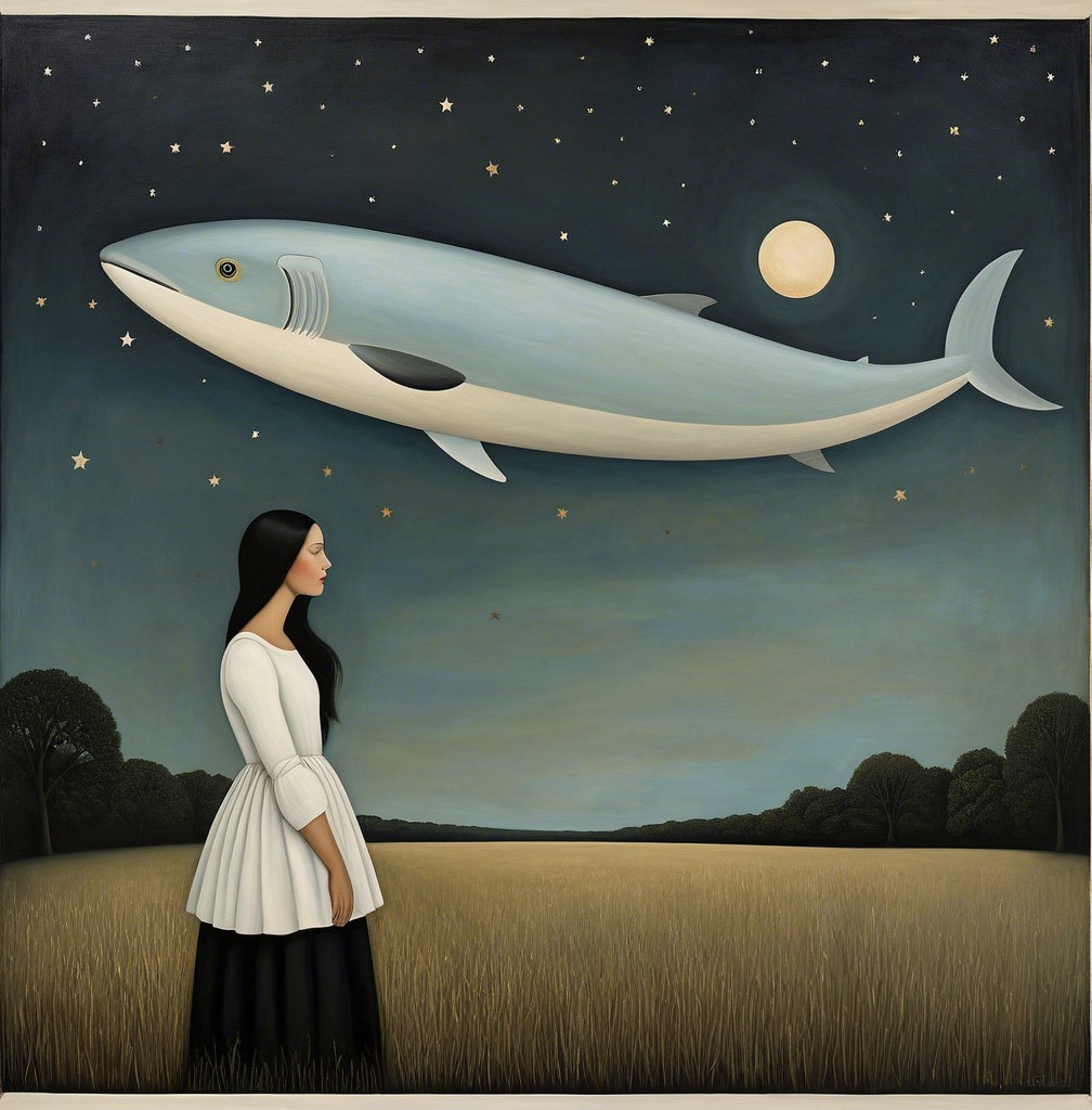 Serene scene of a woman and a whimsical blue shark