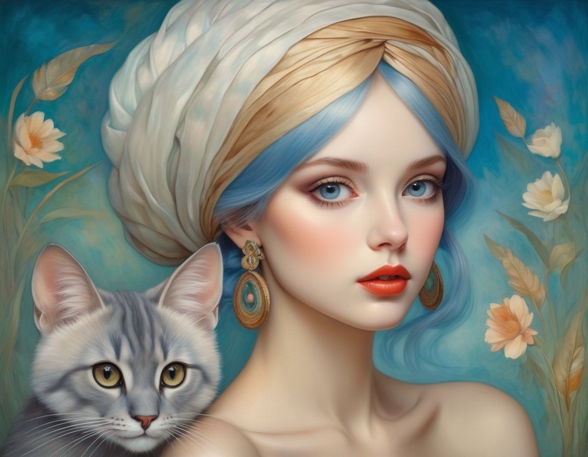 Portrait of a Young Woman with Blue Hair and Cat