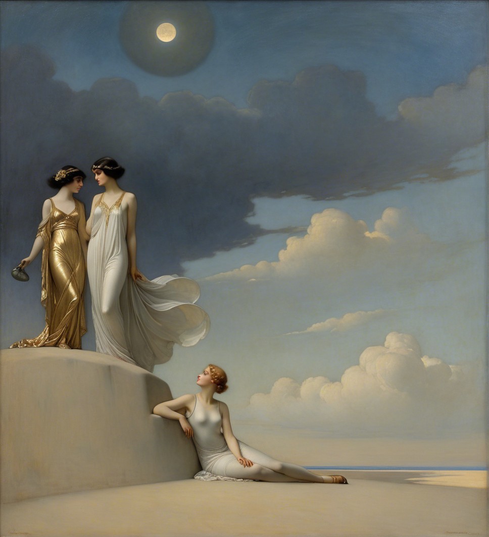Three Women in Flowing Gowns Under a Luminous Moon