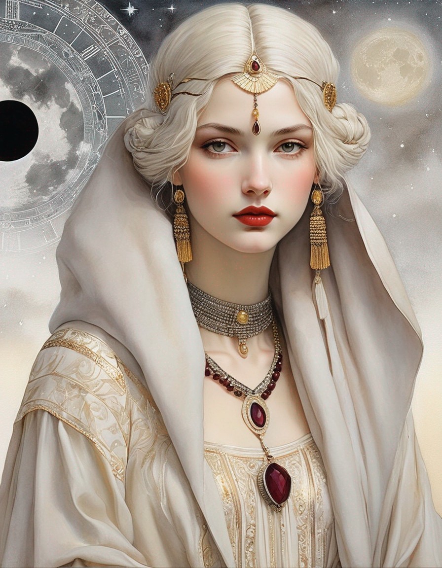 Fantasy portrait of woman with white hair, gold jewelry, cloak, moon, and stars