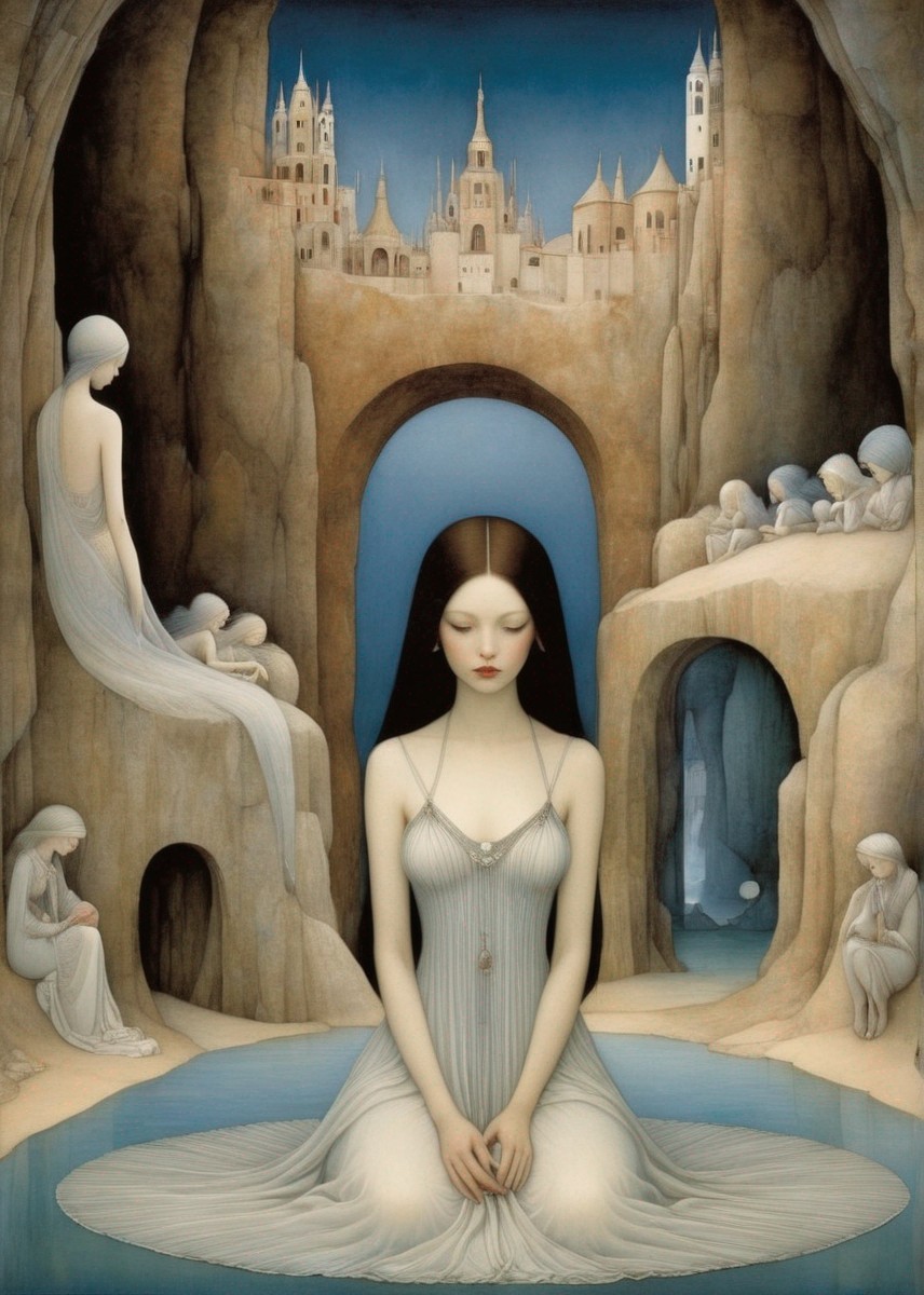 Surreal painting: Woman in water, figures, castle backdrop