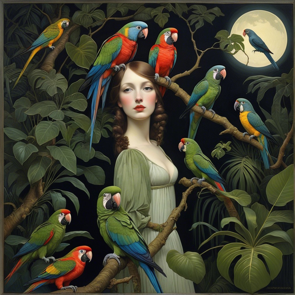 Young woman in green dress among vibrant parrots and moon
