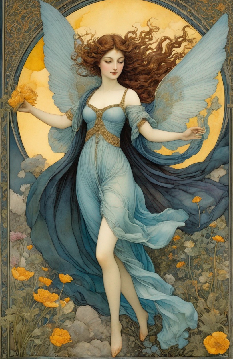 Ethereal Figure with Butterfly Wings in Poppy Field