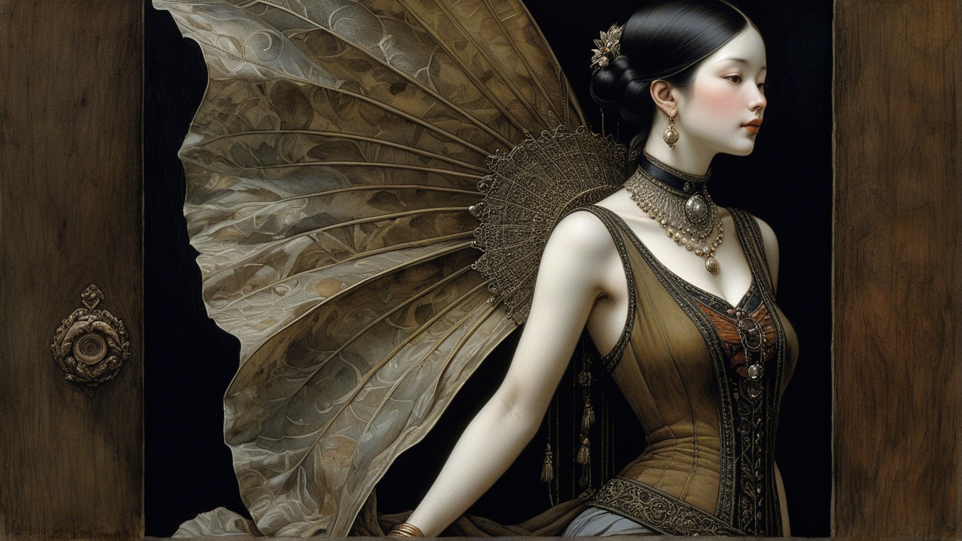 Elegant Woman in Detailed Corset with Decorative Fan