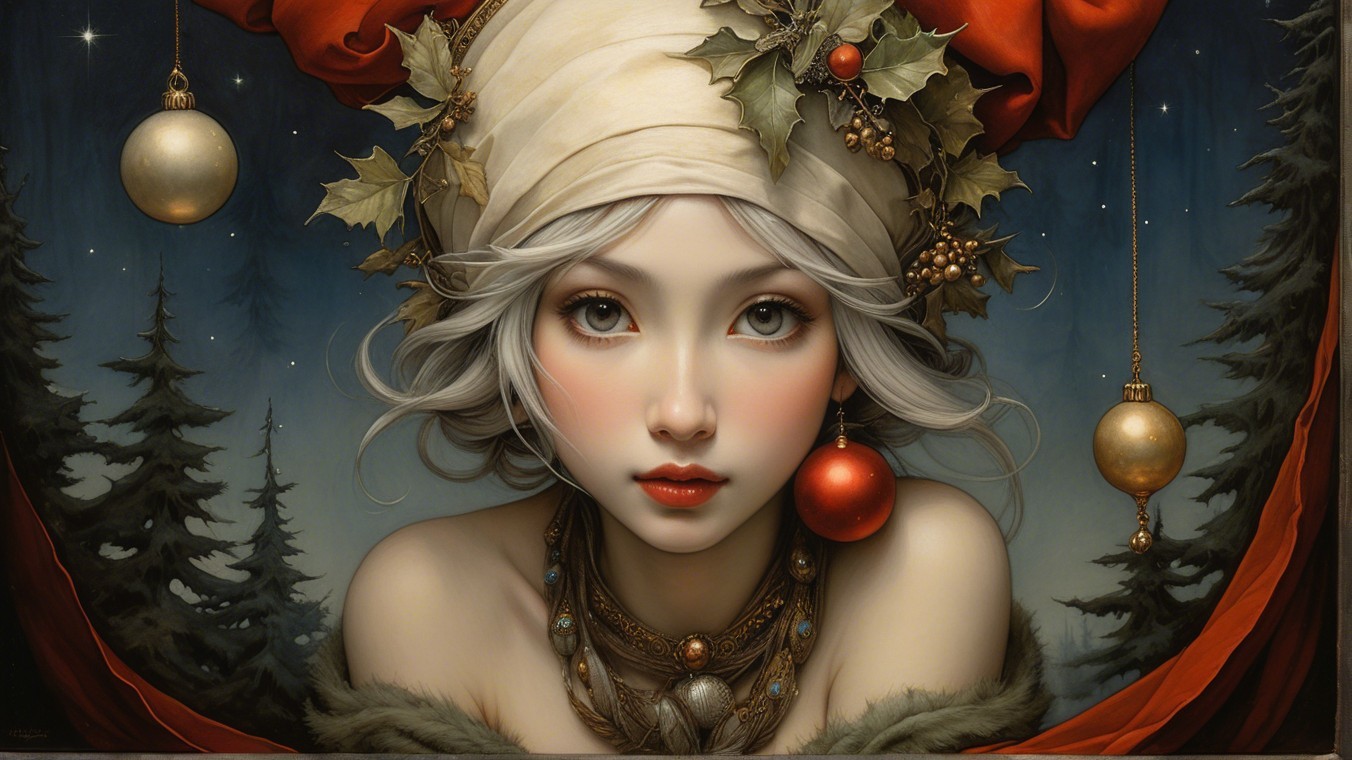 Young Woman in Creamy Headscarf with Holiday Decor