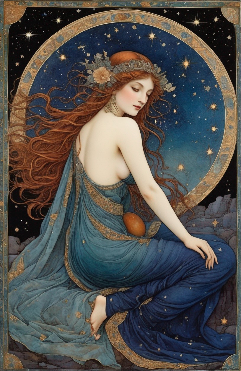 Illustration of a woman in blue gown with red hair