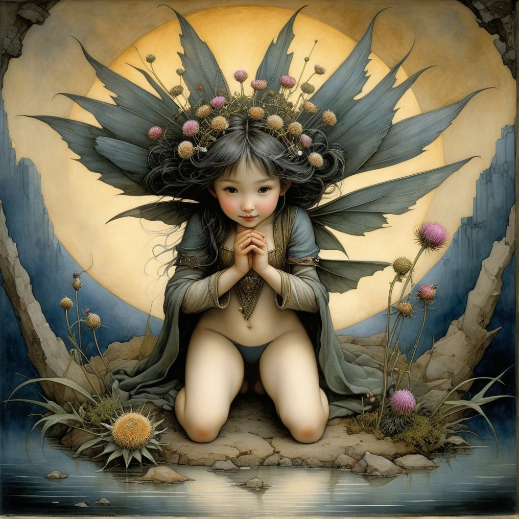 Mystical Figure by Water with Floral Headdress and Orb