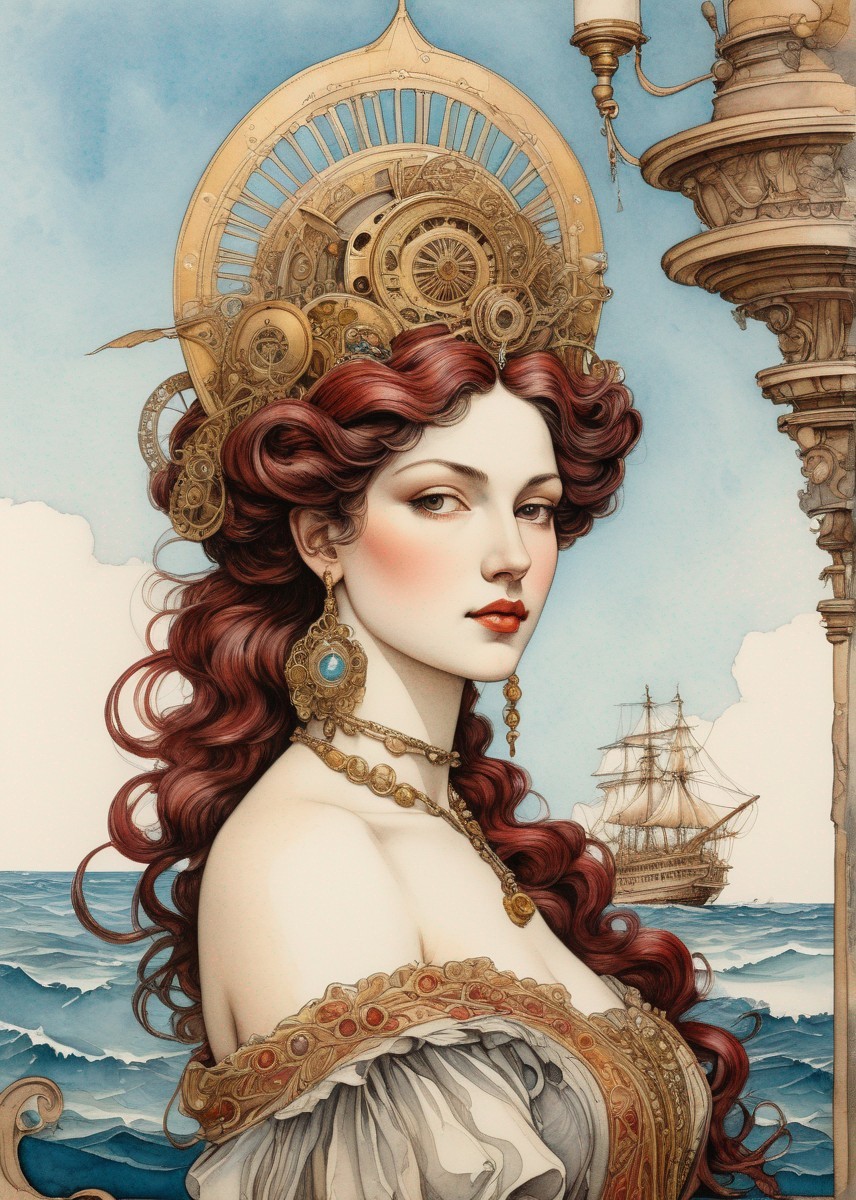 Illustrated portrait: Woman with steampunk headpiece, red curly hair, by the sea with