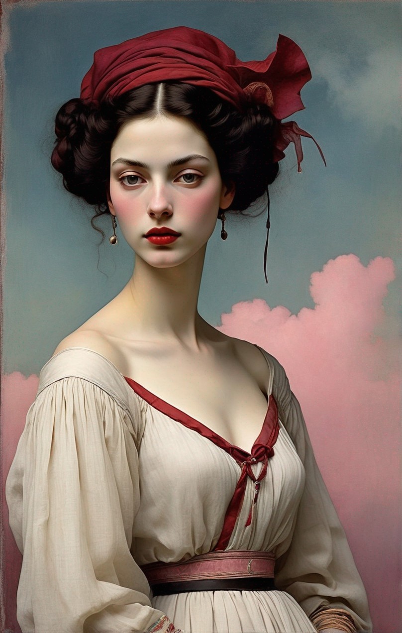 Portrait of woman with pale skin, dark hair, red bandana, cream dress with red accents,