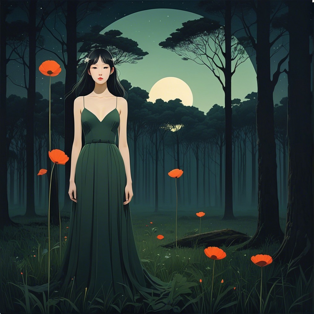 Mystical Forest Night Scene with Woman and Moonlight