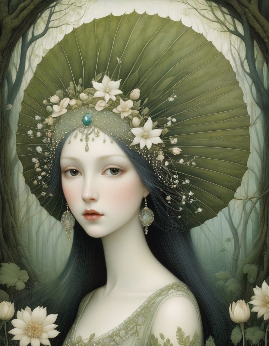 Painting of a woman with headdress and white flowers